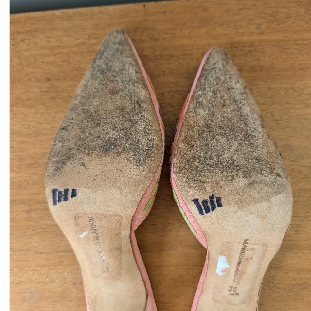 Vintage Y2K Manolo Blahnik Pastel Floral Suede Pointed Toe Mules - Picture 15 of 16